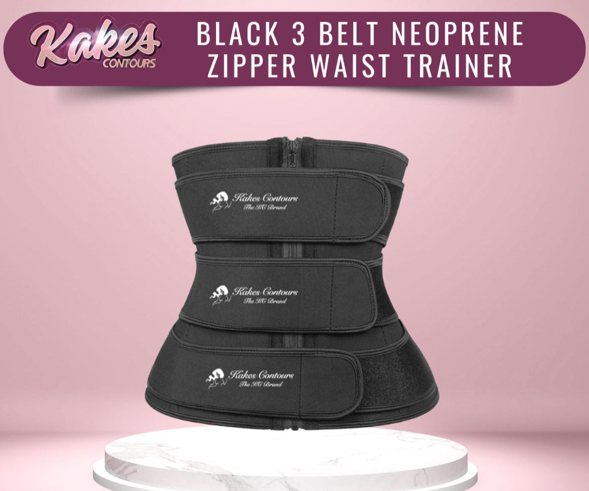 Black 3 Belt Neoprene Zipper Waist Trainer