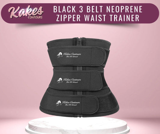 Black 3 Belt Neoprene Zipper Waist Trainer